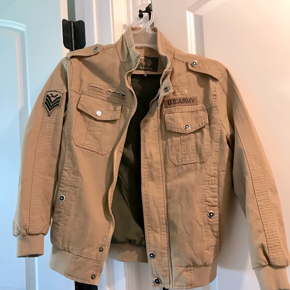 Kasild Military-Inspired Lined Khaki Denim Jacket, Size M